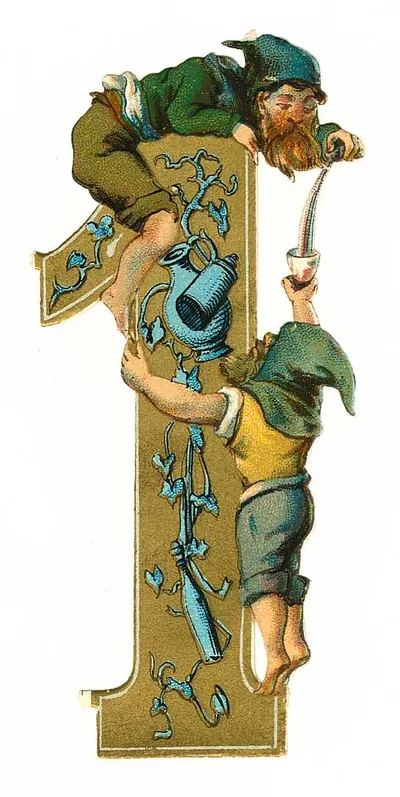 Decorative gold numeral 1 with two climbing gnomes