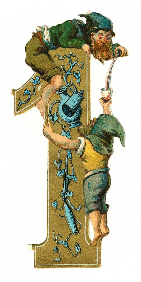 Decorative gold numeral 1 with two climbing gnomes — historic image