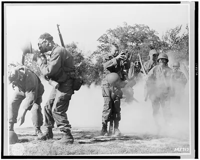 Gas drill with trainees of the 9th Infantry Division at Fort Dix, New Jersey