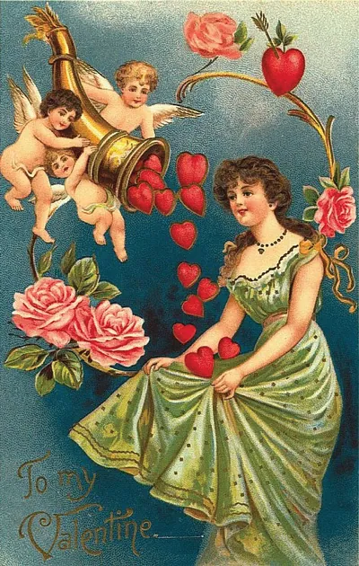 To my Valentine" postcard with cupids, hearts and roses
