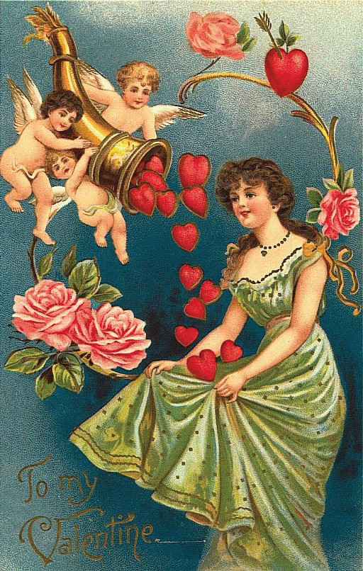 To my Valentine" postcard with cupids, hearts and roses — vintage postcard