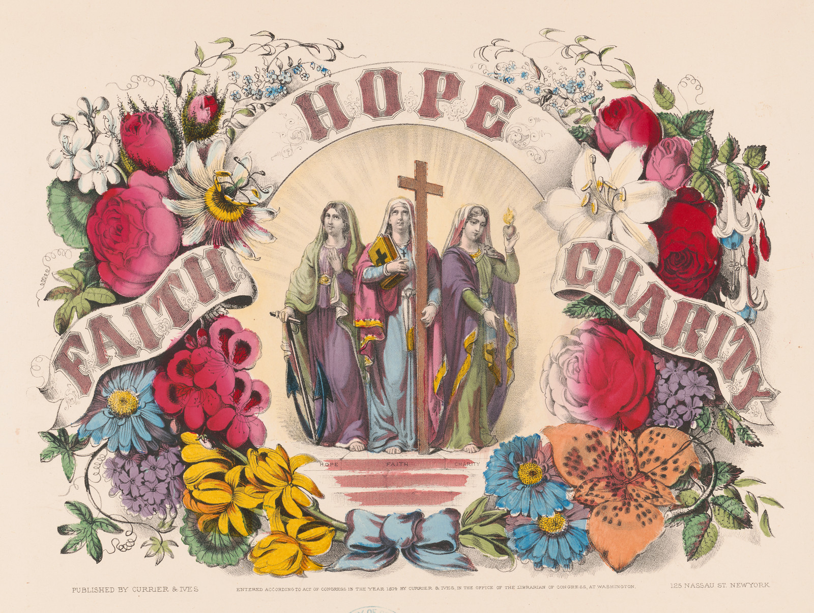 Faith, Hope and Charity chromolithograph with floral border — antique lithograph