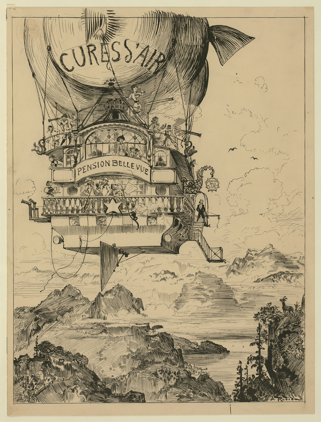 Pension Bellevue airship hotel drawing with 'Cures'Air' balloon — historic drawing