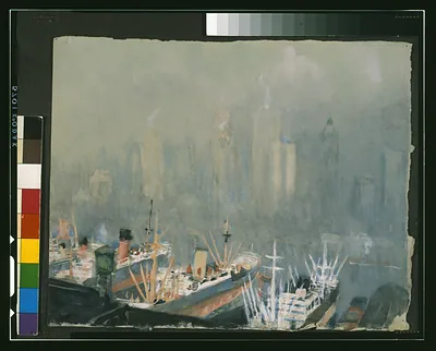 [New York City skyline from Brooklyn Harbor, ships docked in foreground]