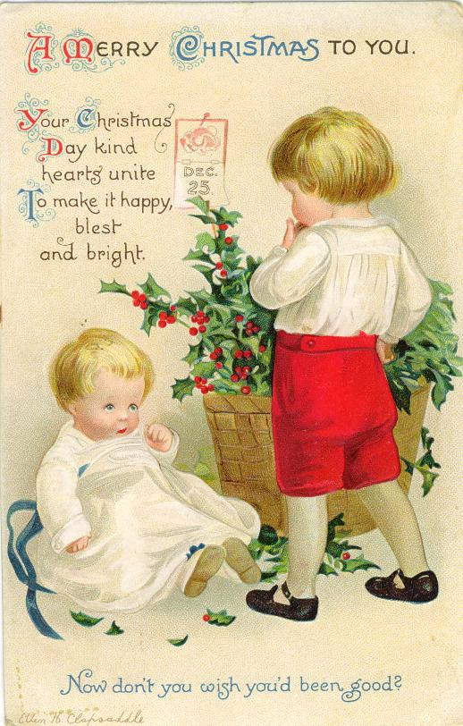 Merry Christmas to You greeting card with children and holly — historic image