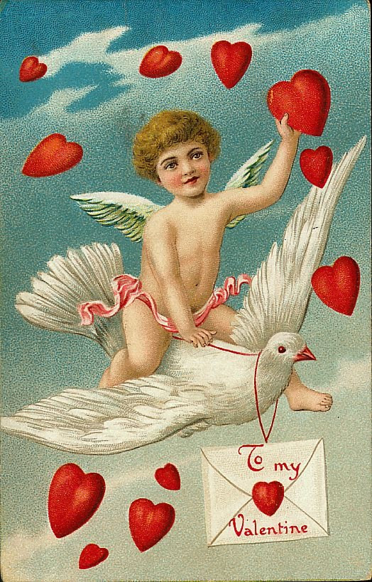 Cupid riding a dove with Valentine envelope — historic image