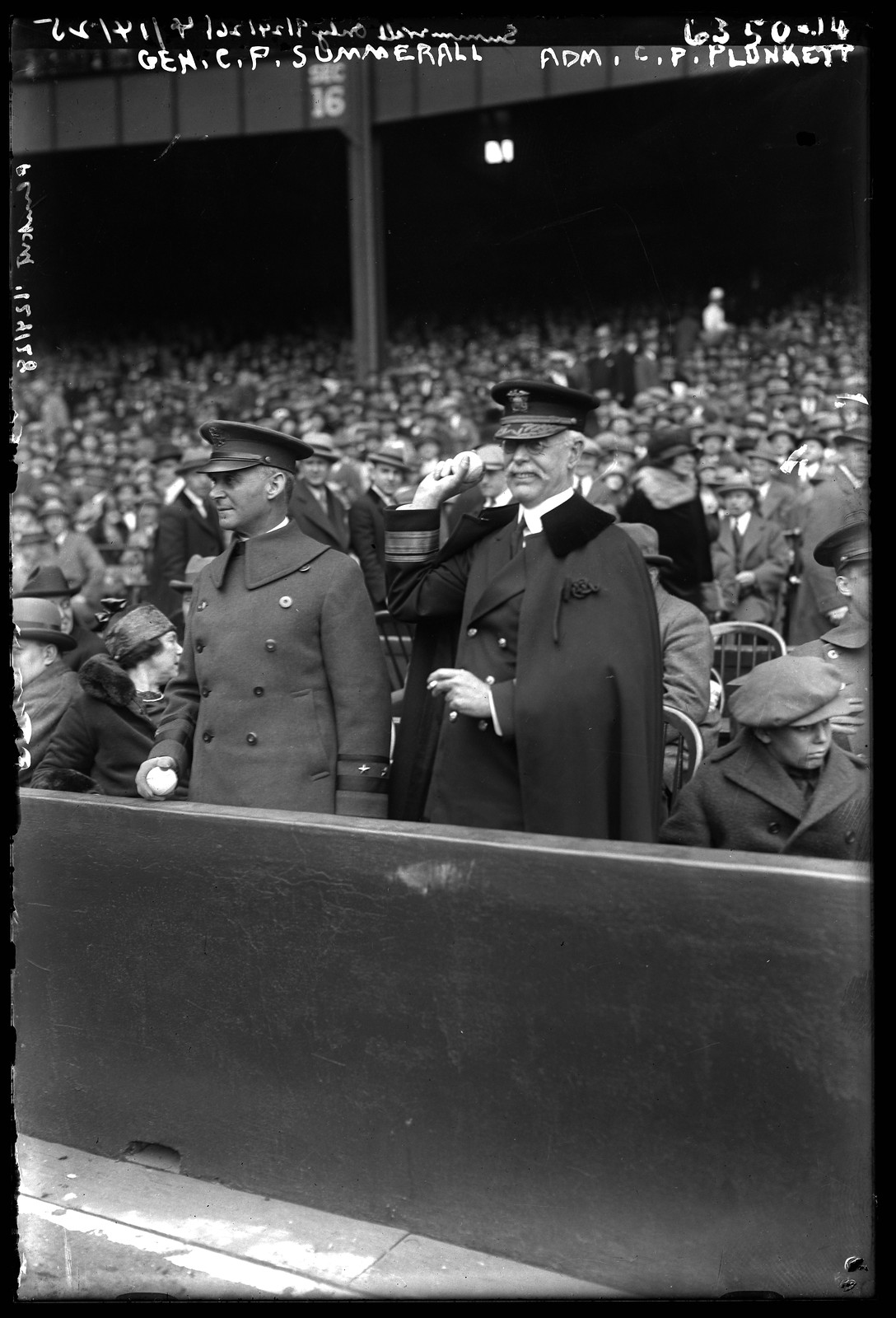 Gen. C.P. Summerall & Adm. C.P. Plunkett at baseball game, 1925., 1925 — historic photograph
