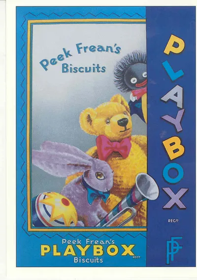 Peek Frean's Playbox biscuits advertisement with teddy bear and toys