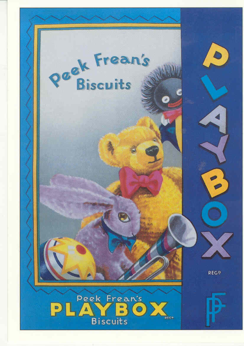 Peek Frean's Playbox biscuits advertisement with teddy bear and toys — historic image