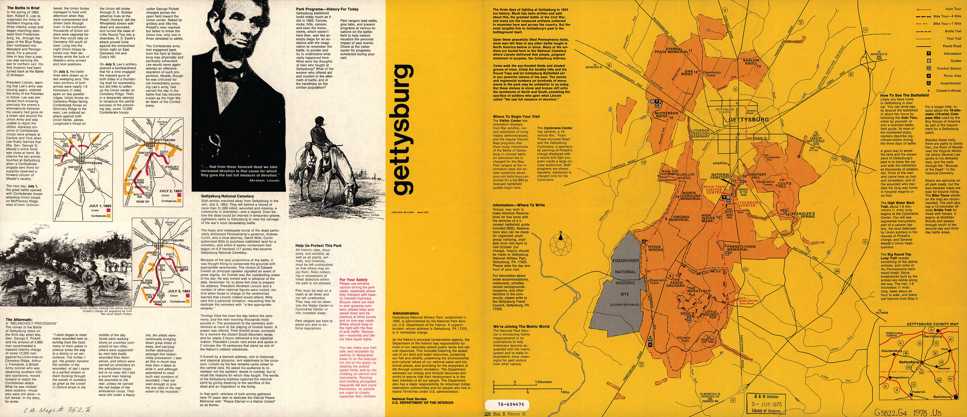 Gettysburg National Military Park brochure with map and battle diagrams, 1978 — antique map