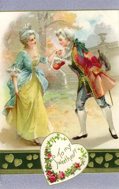 Valentine card: courting couple in period dress, 'To my Sweetheart'