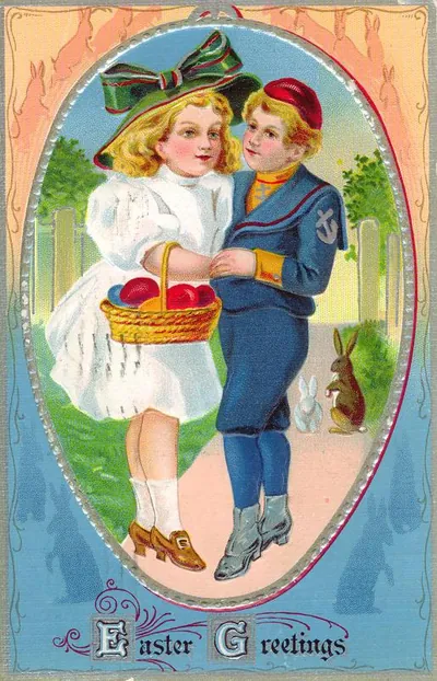 Easter Greetings postcard: children with eggs and rabbits