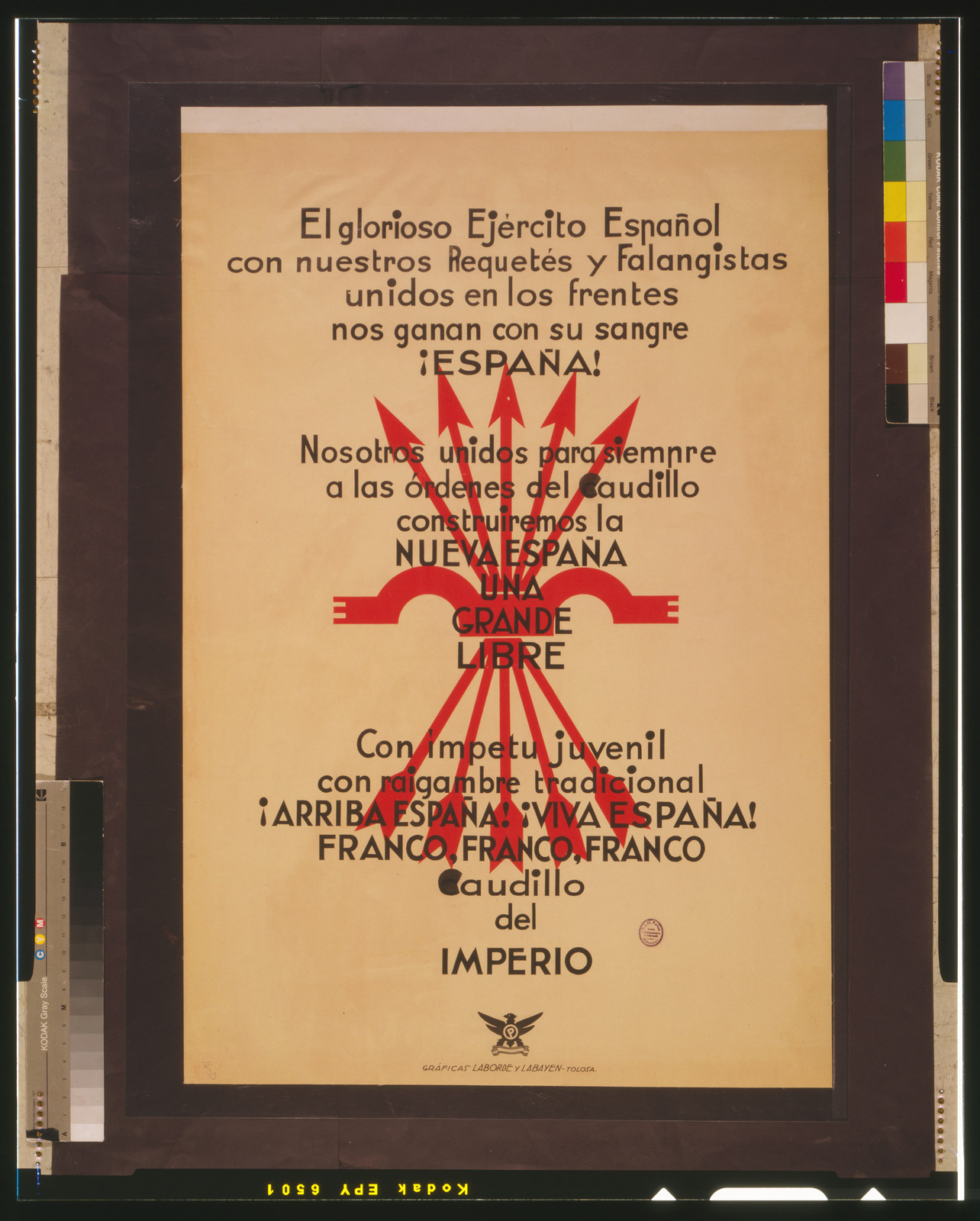 El glorioso Ejército Espanol con nuestros Requetés y Falangistas unidos en los frentes nos ganan con su sangre! España!, [Spain : El Falange, 1936?] — vintage poster