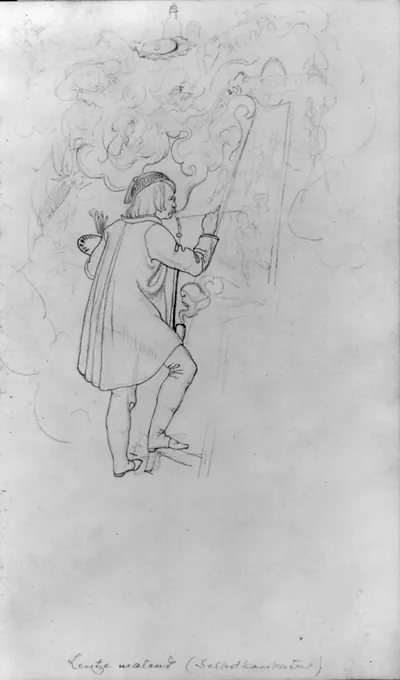 [Pencil sketch by Emanuel Leutze: (self-portrait, painting large mural)]