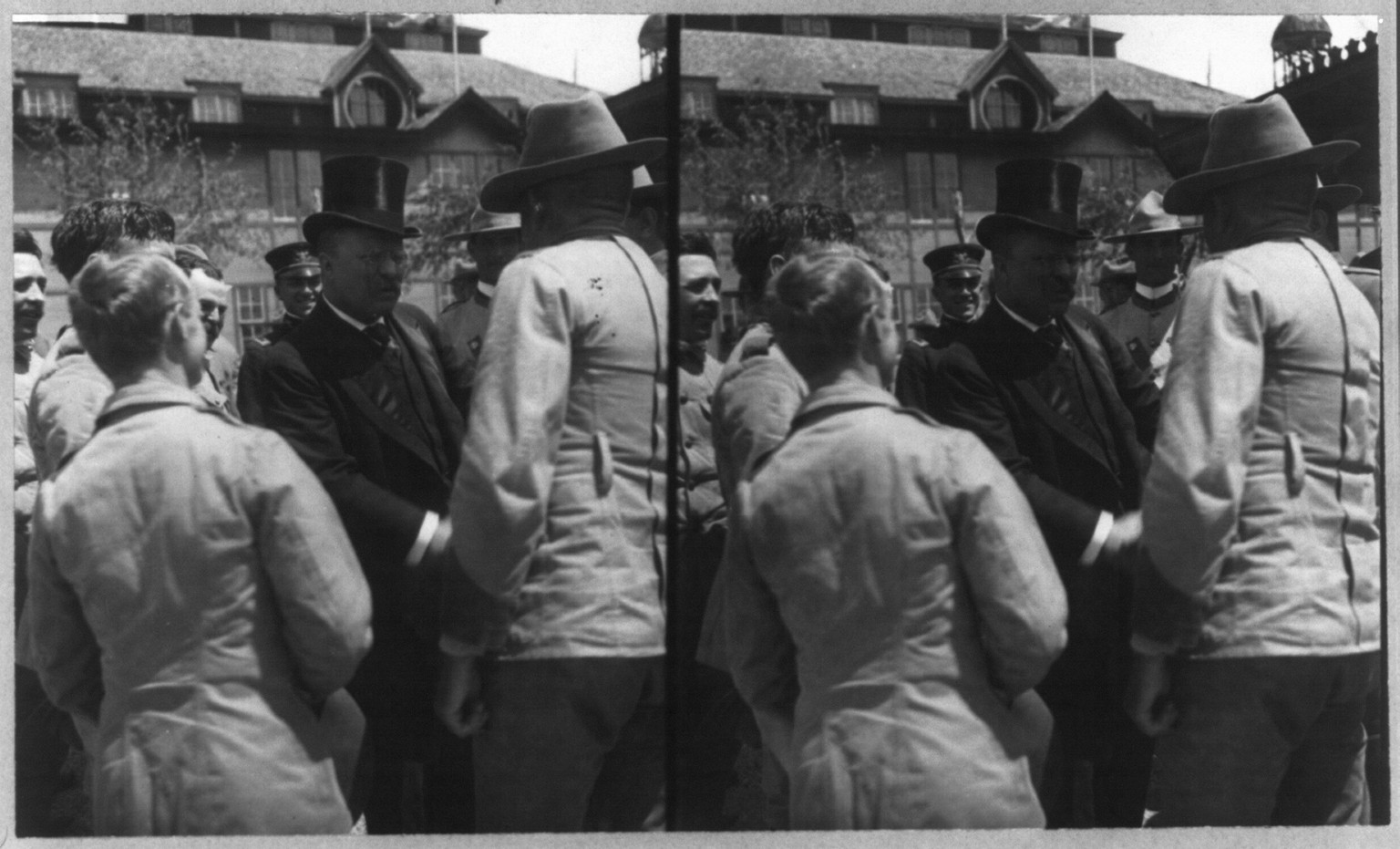 Theodore Roosevelt, greeting the Boys" who fought in Cuba - "Rough Rider" reunion at San Antonio Texas", c1905 June 23. — historic photograph