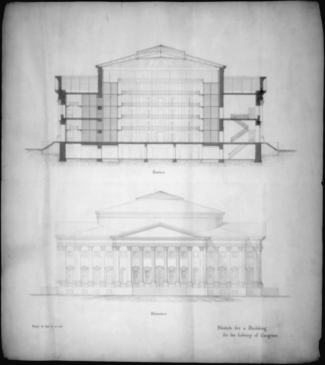 [Library of Congress, Washington, D.C. Elevation and section], and Engineering (ADE) Drawings" (http://www.loc.gov/rr/print/res/103_ade.html)." — historic drawing