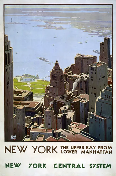 New York; the upper bay from lower Manhattan. New York Central System / Leslie Ragan.