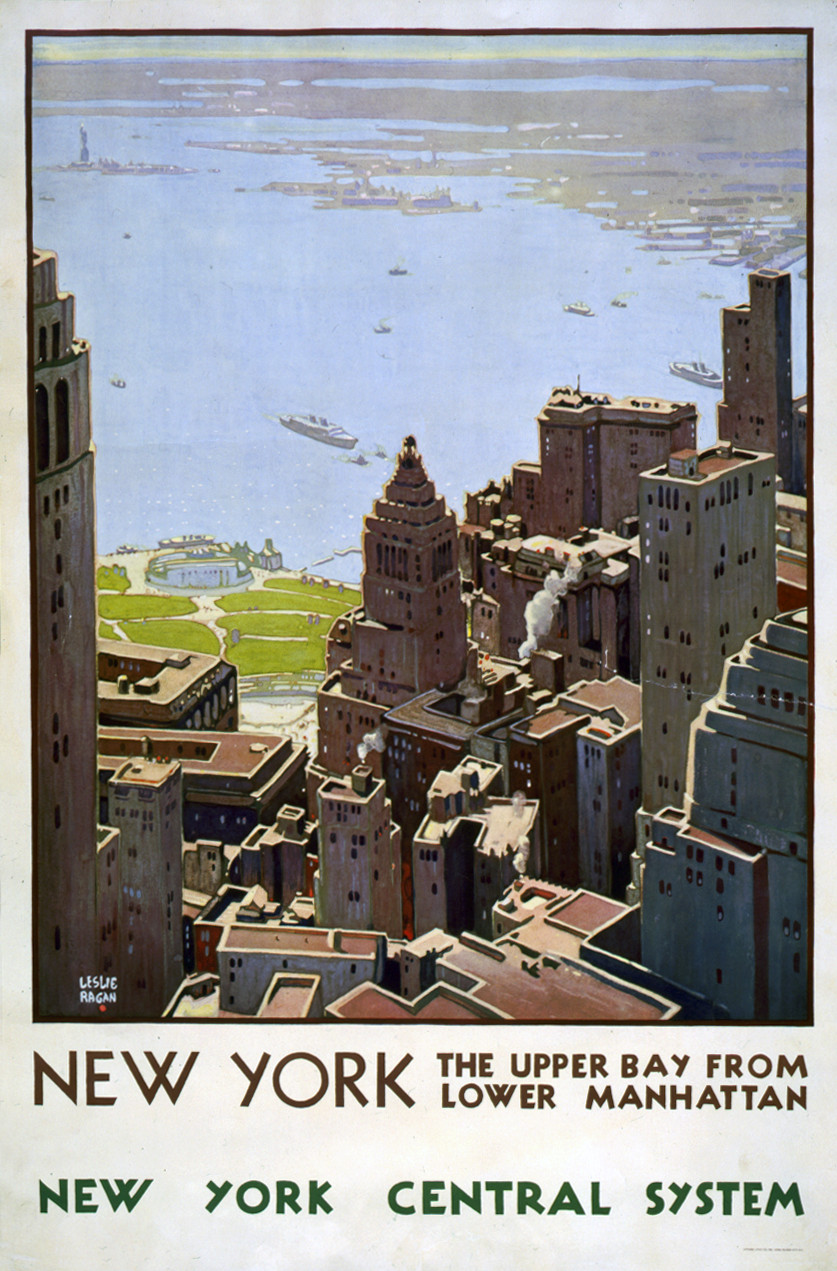 New York; the upper bay from lower Manhattan. New York Central System / Leslie Ragan., [192-(?)] — vintage poster