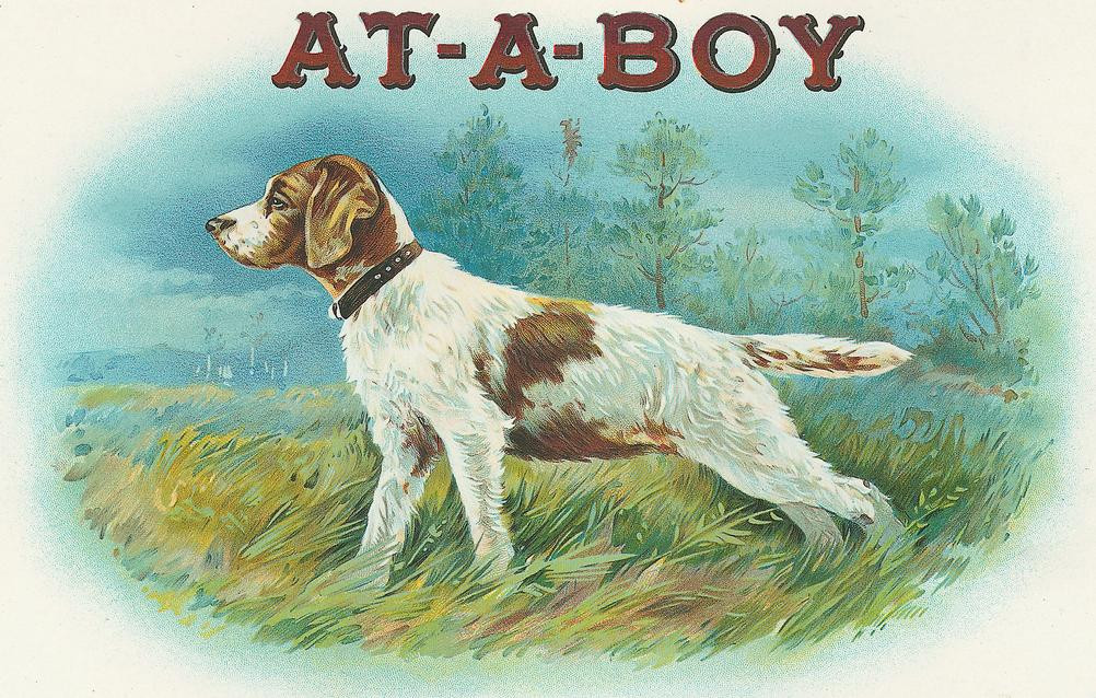 AT-A-BOY cigar label with brown and white pointer dog — historic image