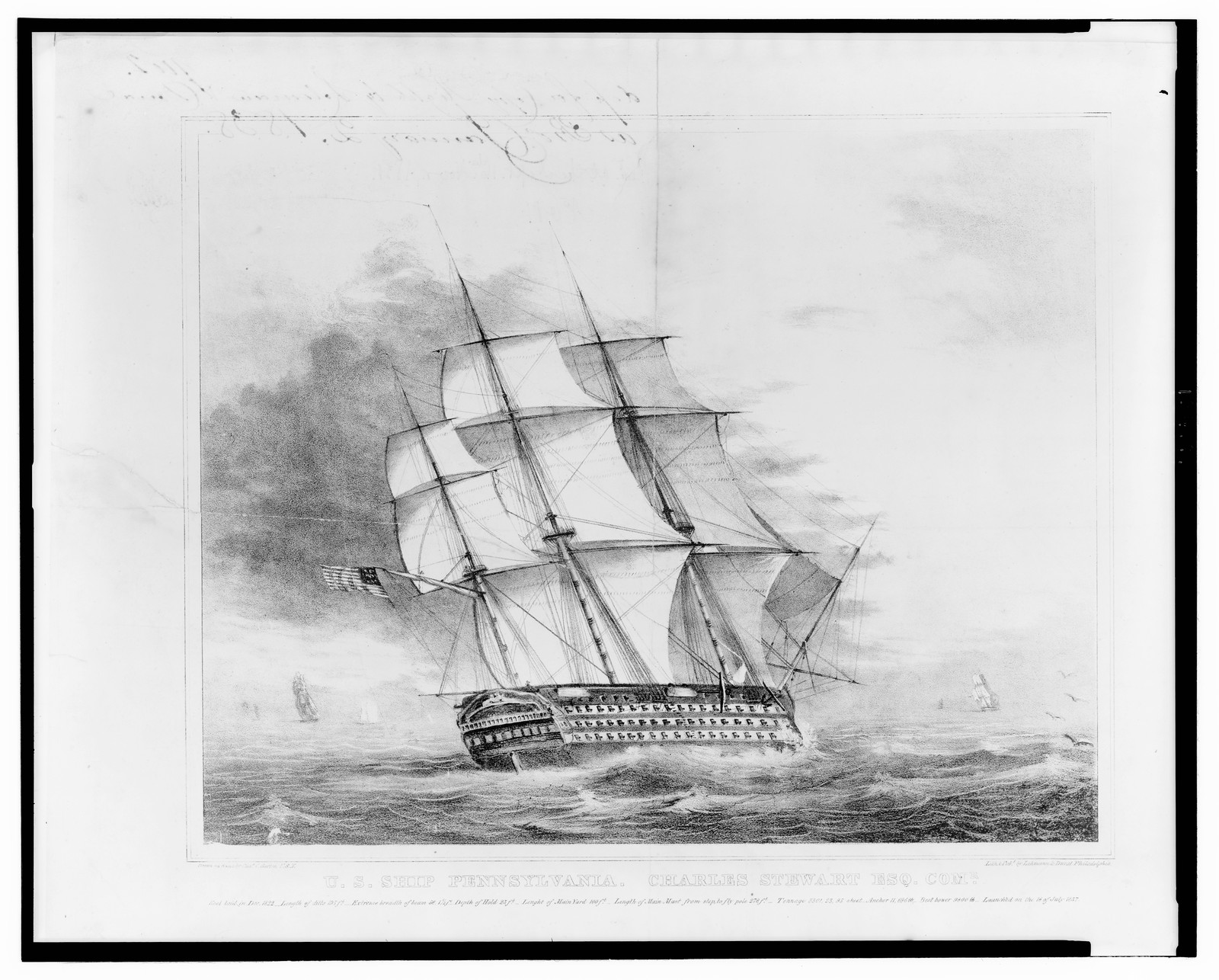 U.S. Ship Pennsylvania. Charles Stewart Esq. Comr. / Drawn on stone by Charles C. Barton, U.S.N. ; Lith. & Pubd. by Lehmann & Duval Philadelphia., Philadelphia : Lehmann & Duvall, [ca. 1840] — antique lithograph