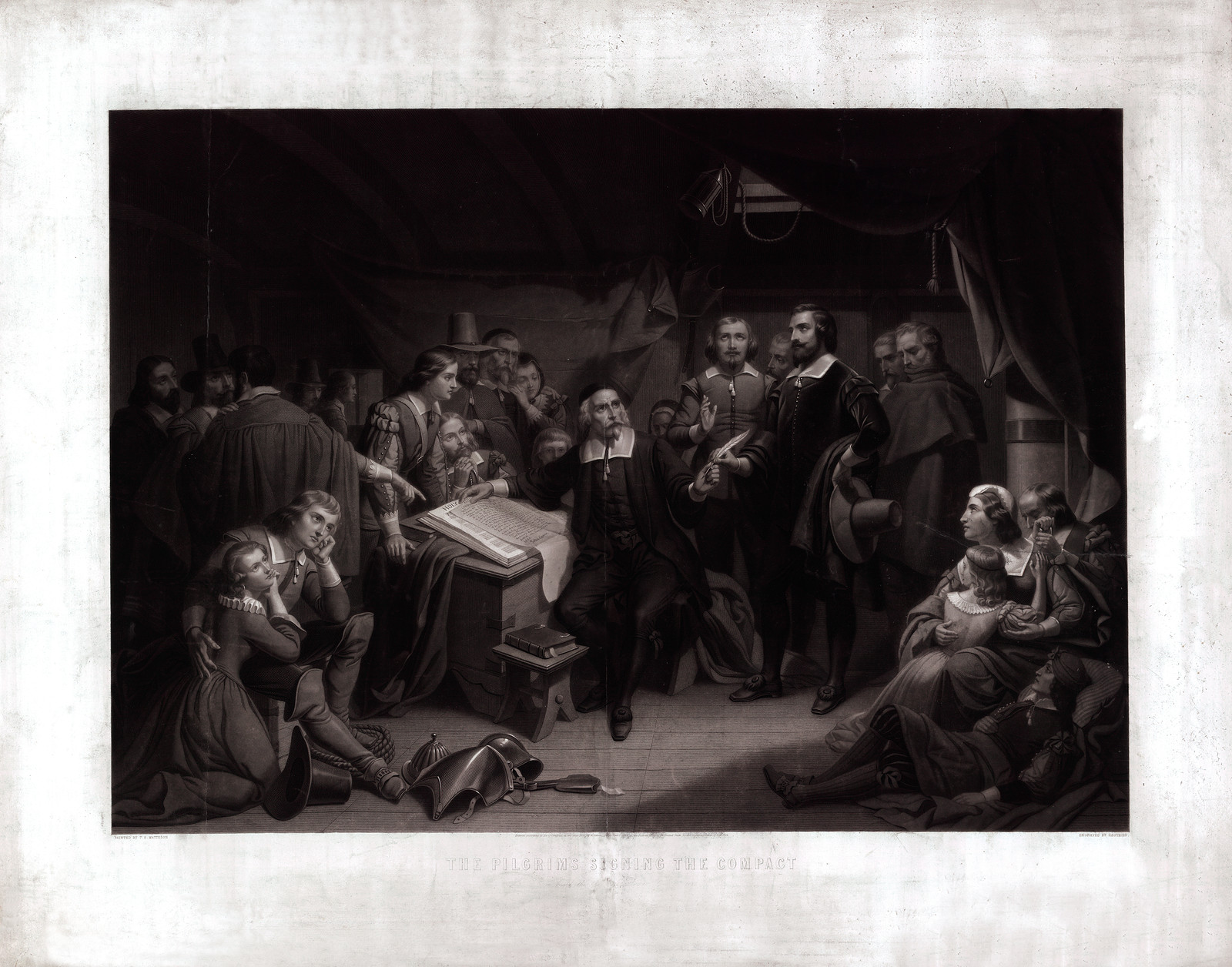 The Pilgrims Signing The Compact, On Board The May Flower, Nov, c. 1859 — antique engraving
