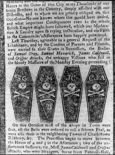 [Four coffins of men killed in the Boston Massacre]