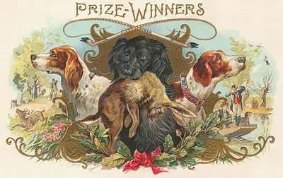 Prize-Winners cigar label with hunting dogs and hares