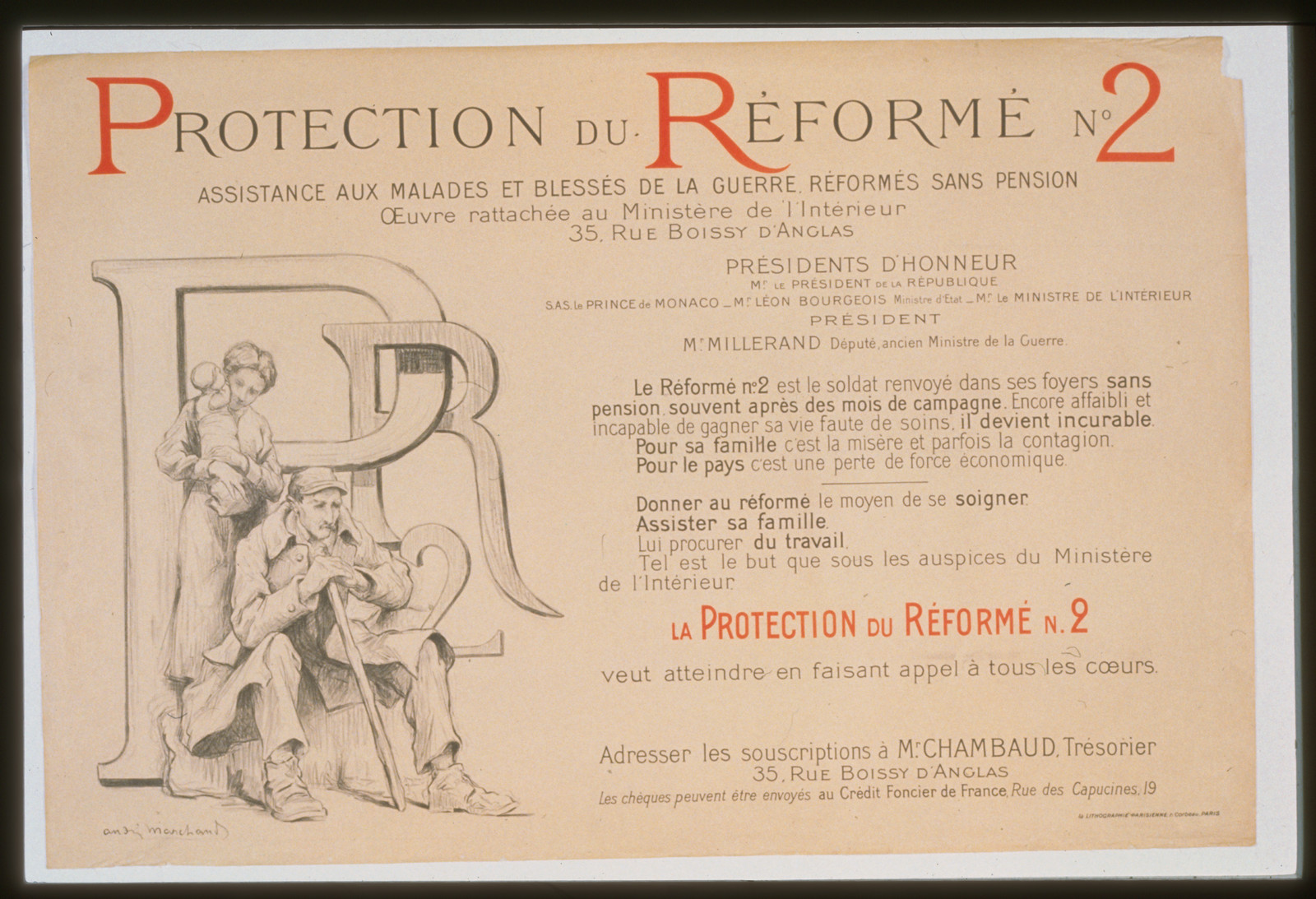 Protection du reacuteformeacute no. 2. Assistance aux malades et blesseacutes de la guerre reacuteformeacutes sans pension. Creacutedit Foncier de France, 1915 — vintage poster
