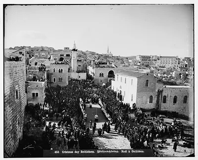 Christmas Day procession in Bethlehem, black and white photograph