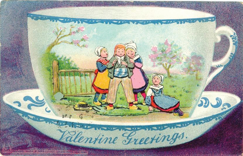Valentine Greetings card with children beside a large teacup — historic image
