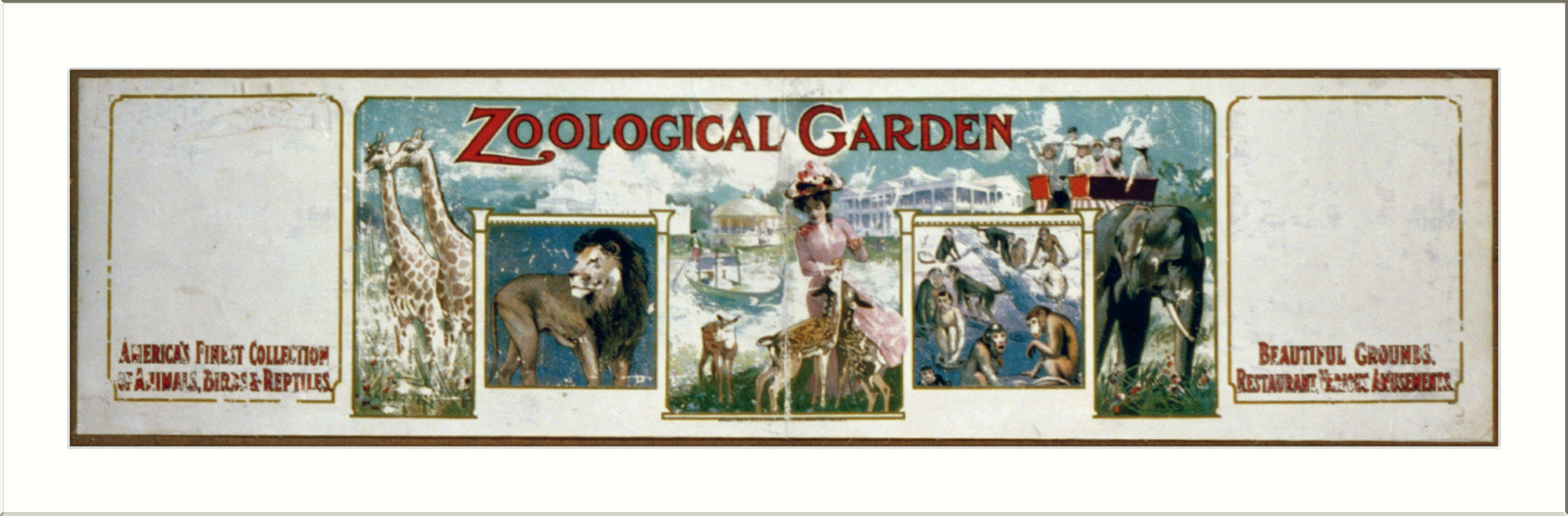 Zoological Garden advertising panel with animals and a woman — historic image