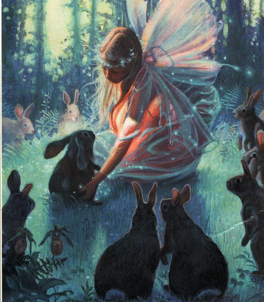 Fairy with wings among wild rabbits in a forest — historic image
