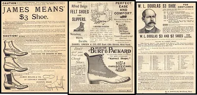 Three shoe advertisements: James Means, Alfred Dolge felt shoes, W. L. Douglas