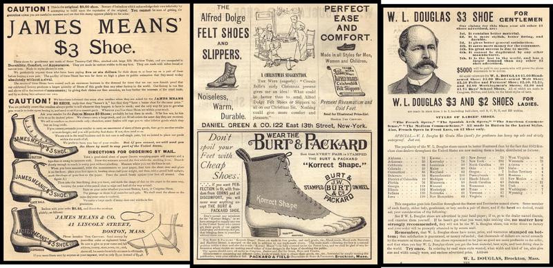 Three shoe advertisements: James Means, Alfred Dolge felt shoes, W. L. Douglas — historic image