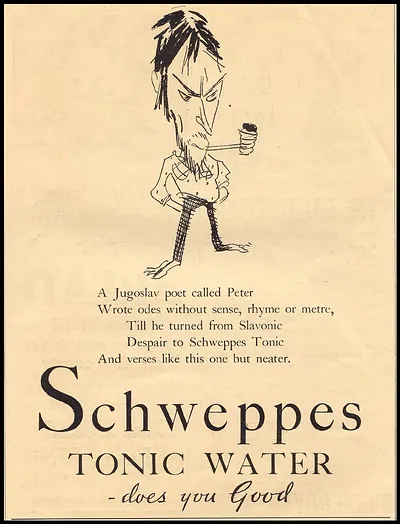 Schweppes Tonic Water advertisement with cartoon of a Jugoslav poet