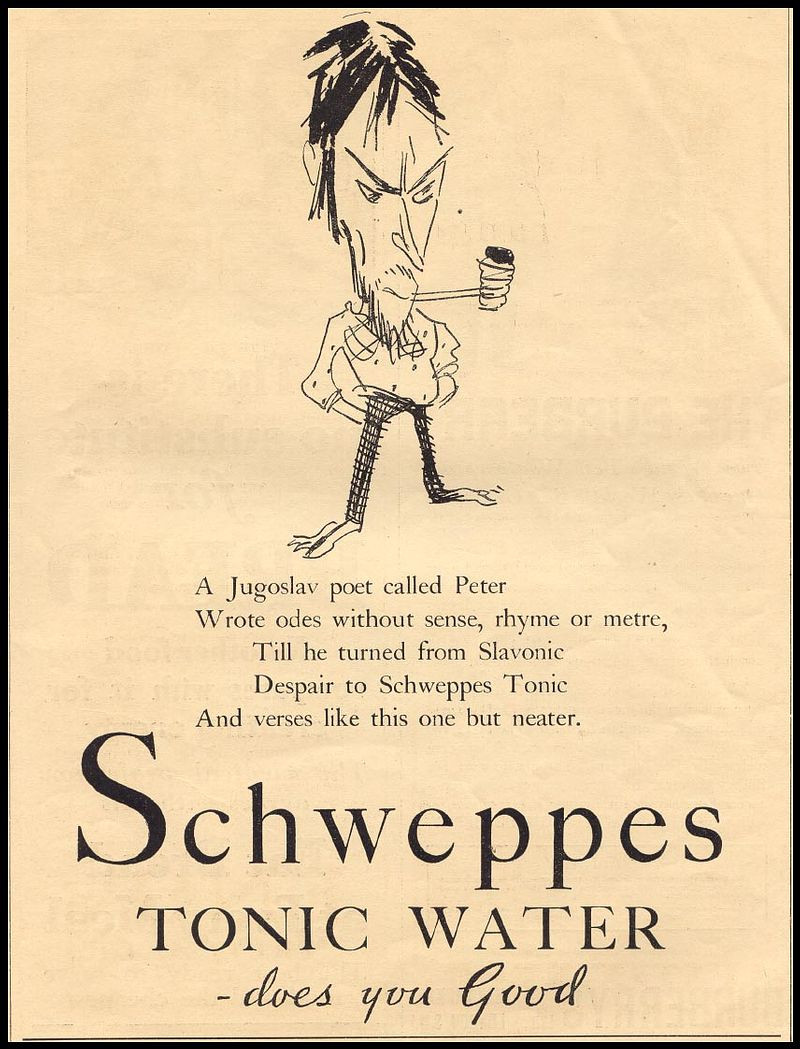Schweppes Tonic Water advertisement with cartoon of a Jugoslav poet — historic image