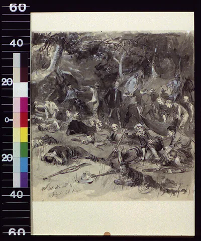Sepia wash drawing of a skirmish with fallen men and rifles