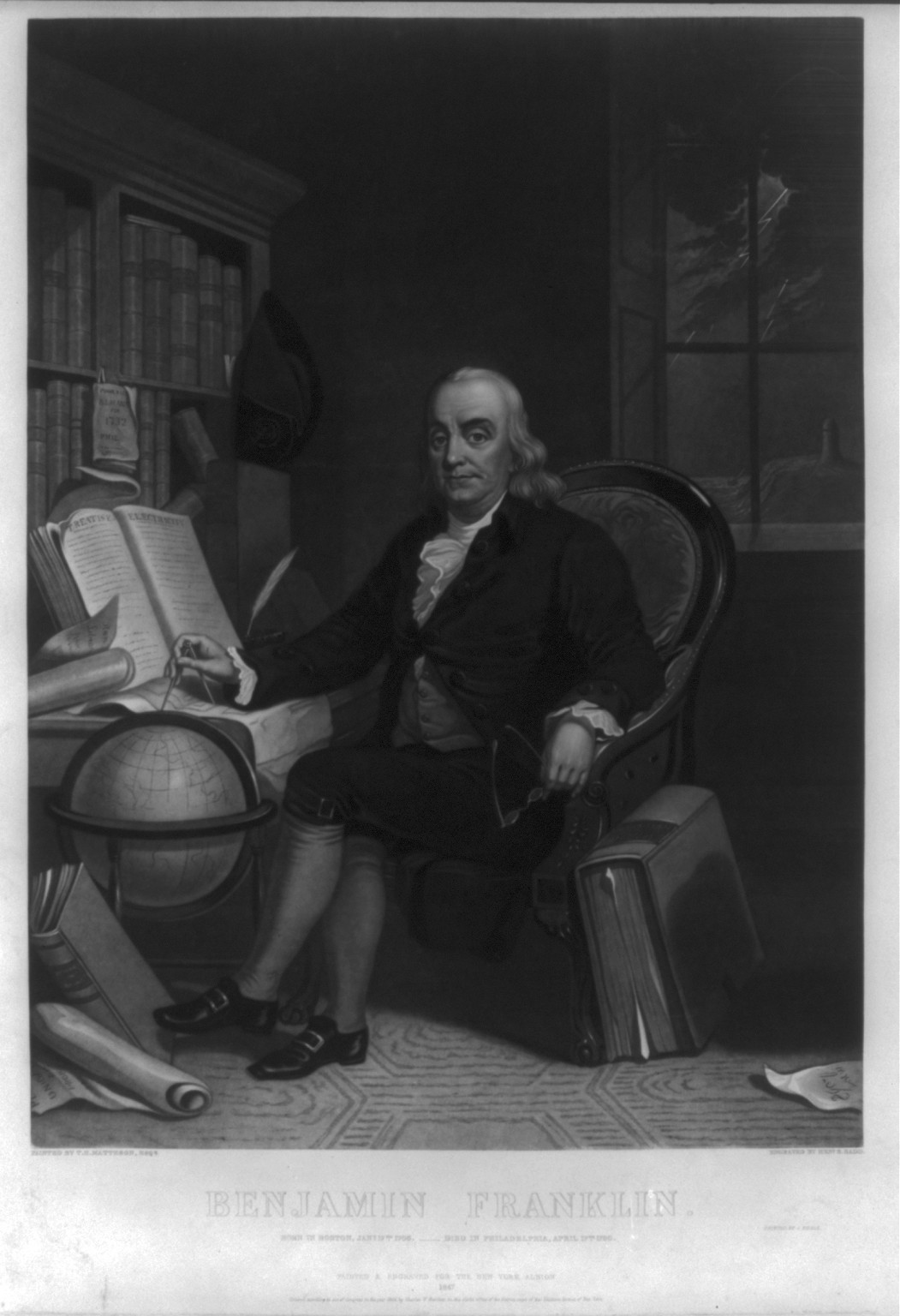 Benjamin Franklin - born in Boston, Jany. 17th 1706 -- died in Philadelphia, April 17th 1790 / painted by T.H. Matteson, Esqr. ; engraved by Heny. S. Sadd., [New York City] : Printed by J. Neale, 1847, c1846. — historic print