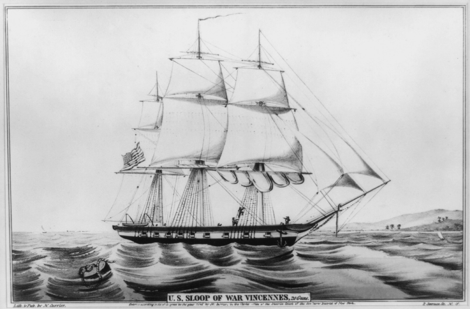 U.S. sloop of war Vincennes: 20 guns, New York : Published by N. Currier, c1845. — antique lithograph