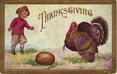 Thanksgiving postcard with boy, football and turkey
