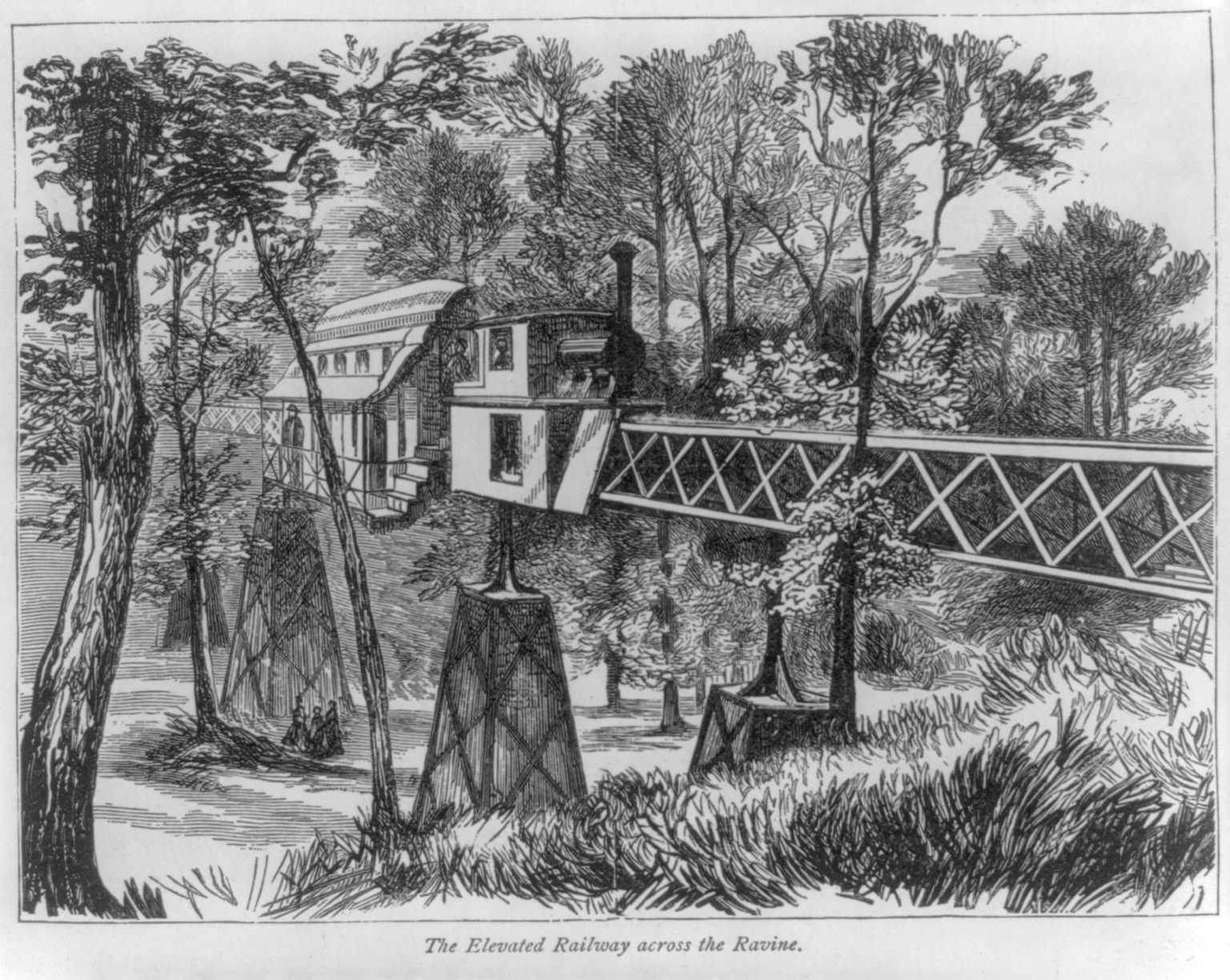 [Monorail used at the Philadelphia Centennial, 1876]: The elevated railway across the ravine — antique engraving