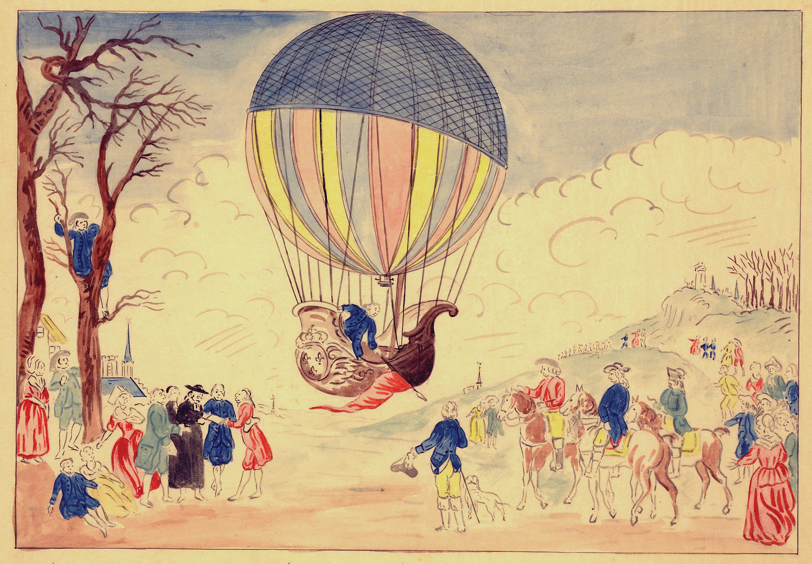 Hot air balloon rising over a crowd of spectators — historic image