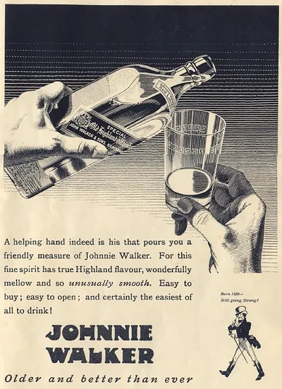 Johnnie Walker whisky advertisement with pouring hand and glass