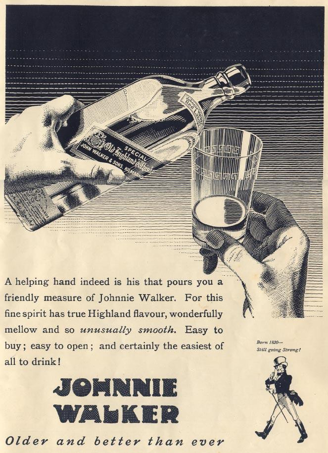 Johnnie Walker whisky advertisement with pouring hand and glass — historic image