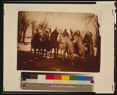[Six tribal leaders (l to r) Little Plume (Piegan), Buckskin Charley (Ute), Geronimo (Chiricahua Apache), Quanah Parker (Comanche), Hollow Horn Bear (Brulé Sioux), and American Horse (Oglala Sioux) on horseback in ceremonial attire]