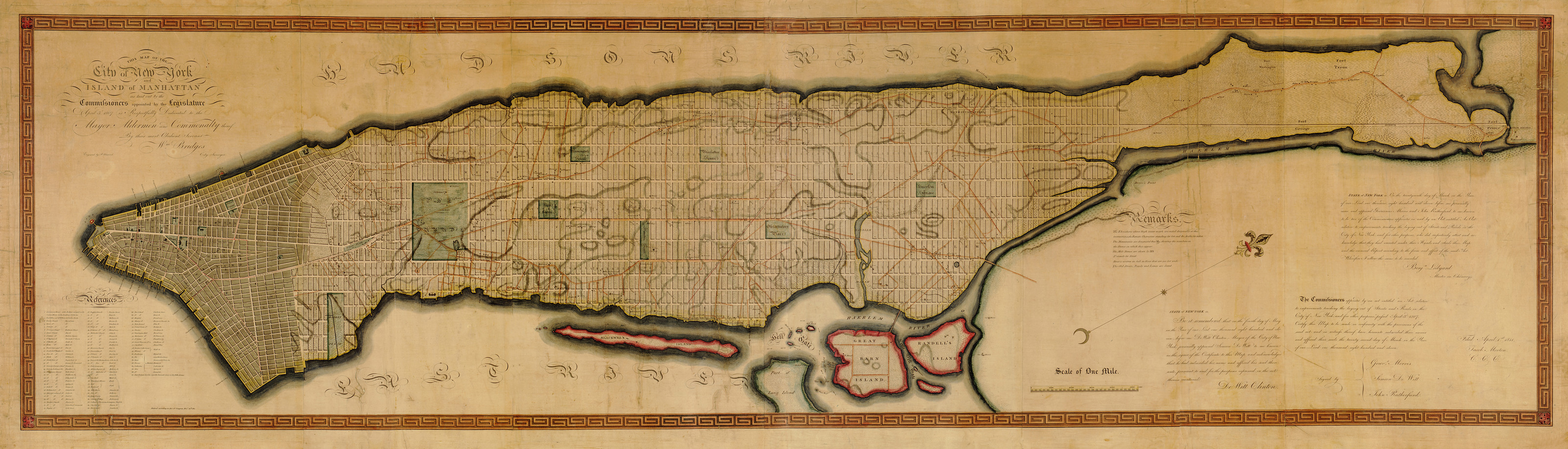 Map of Manhattan Island with street grid plan, 1811 — antique map