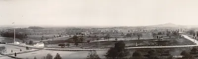 Panoramic view of Gettysburg battlefield landscape with monuments