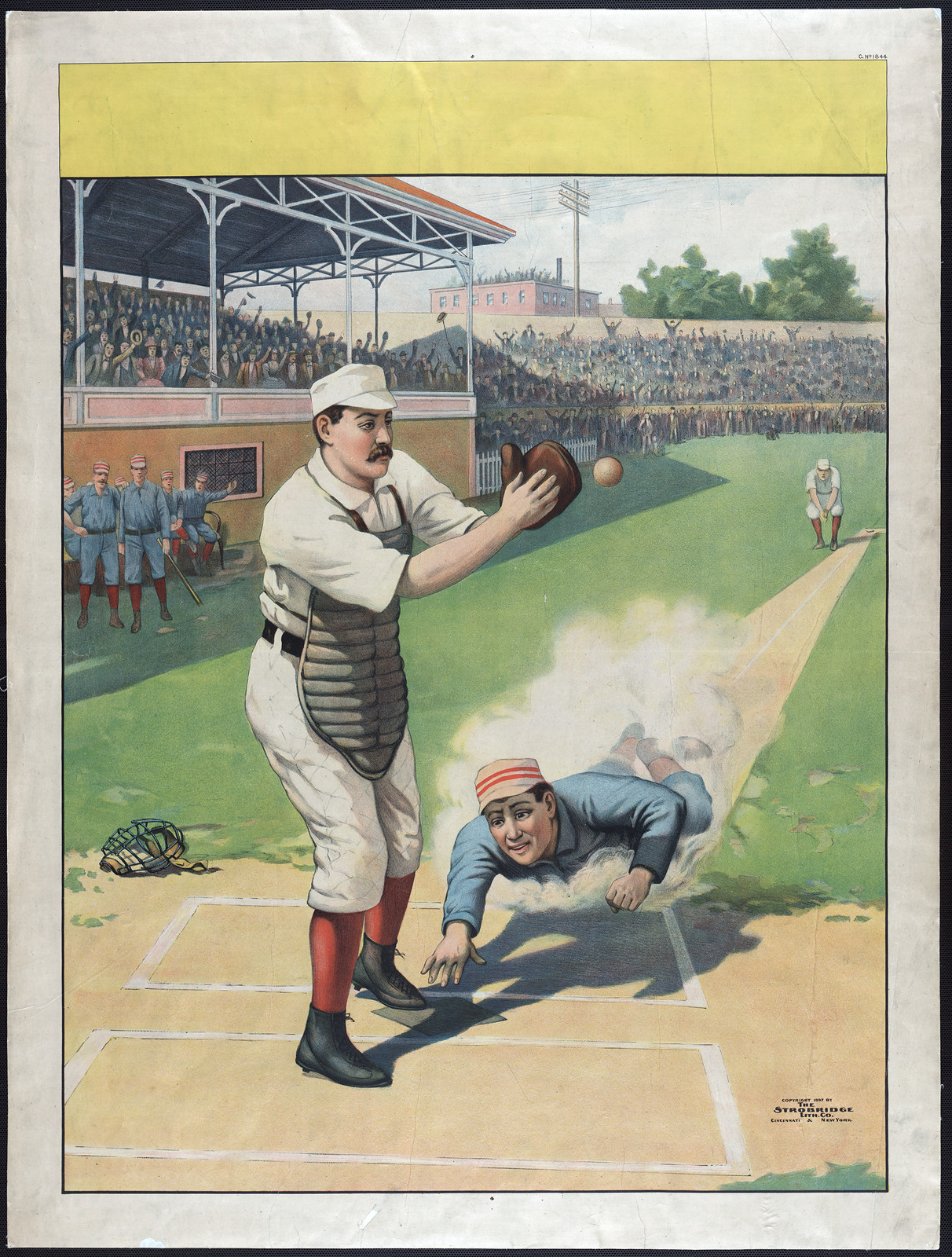 [Stock poster showing runner sliding past catcher], 1897 — vintage poster