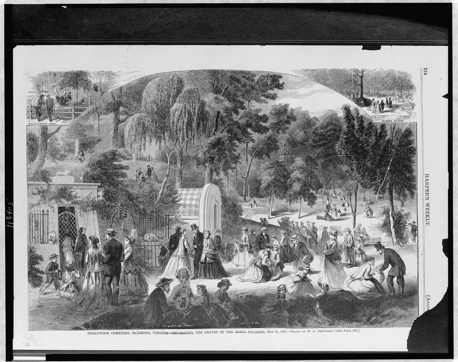 Hollywood Cemetery, Richmond, Virginia - decorating the graves of the rebel soldiers, May 31, 1867 / drawn by W.L. Sheppard., 1867 — antique engraving