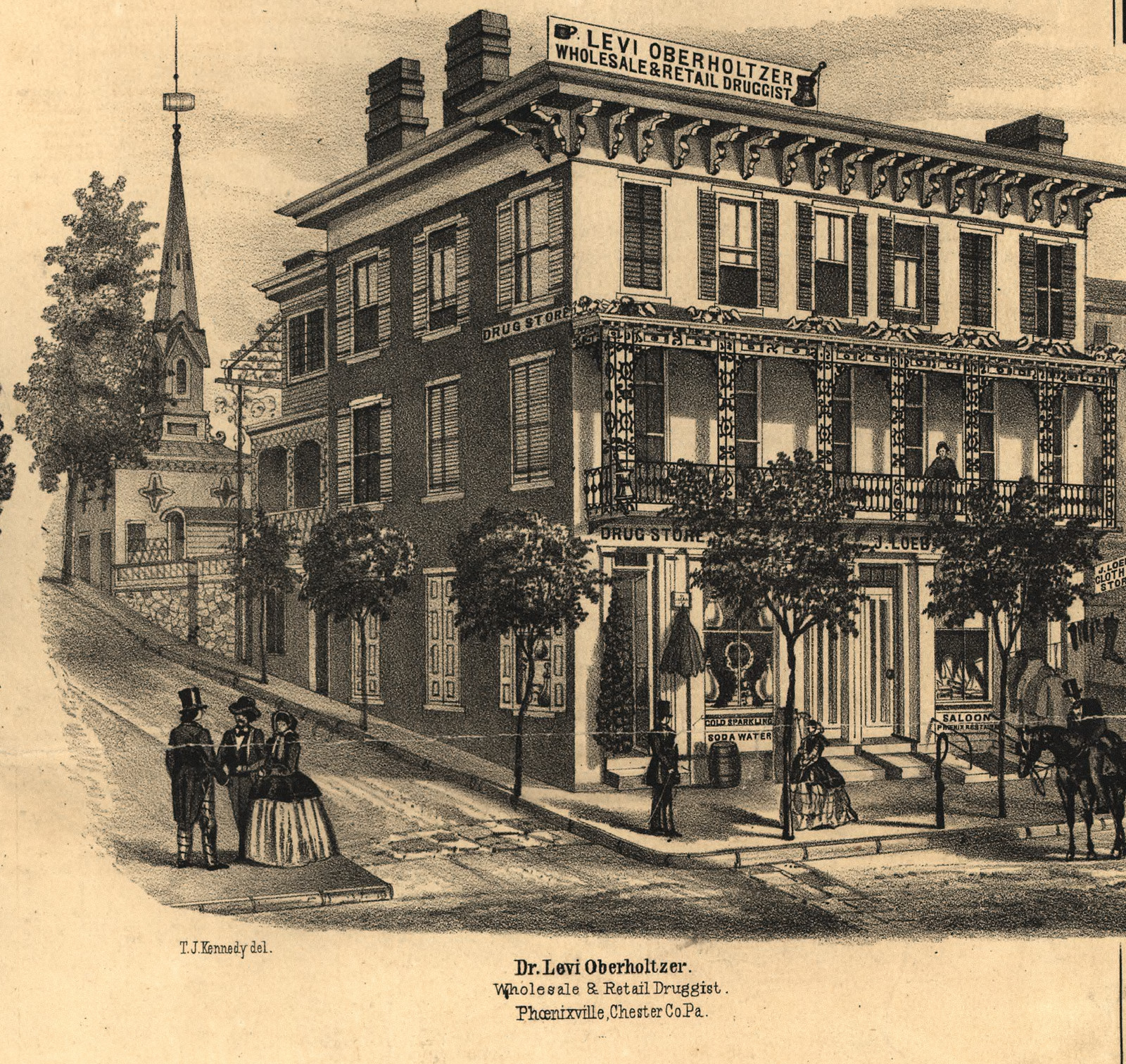 Dr. Levi Oberholtzer, Wholesale & Retail Druggist, Phoenixville, Chester Co., Pa. — antique map